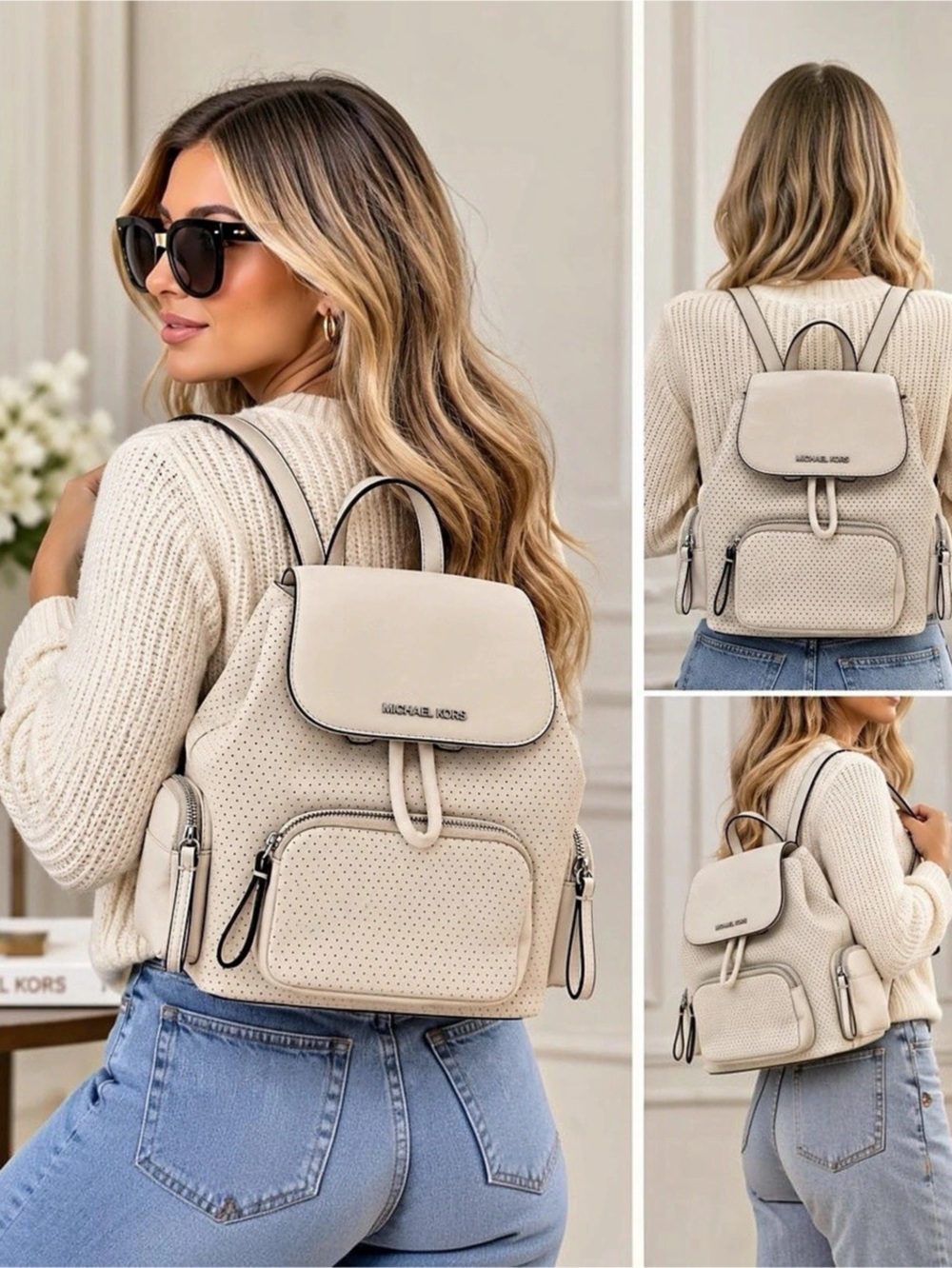 Michael Kors Abbey Medium Perforated Backpack Ivory White/Silver✨✨